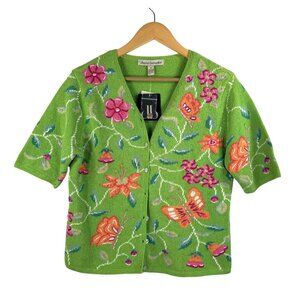 VTG David Brooks‎ ramie blend embroidered floral cardigan sz S